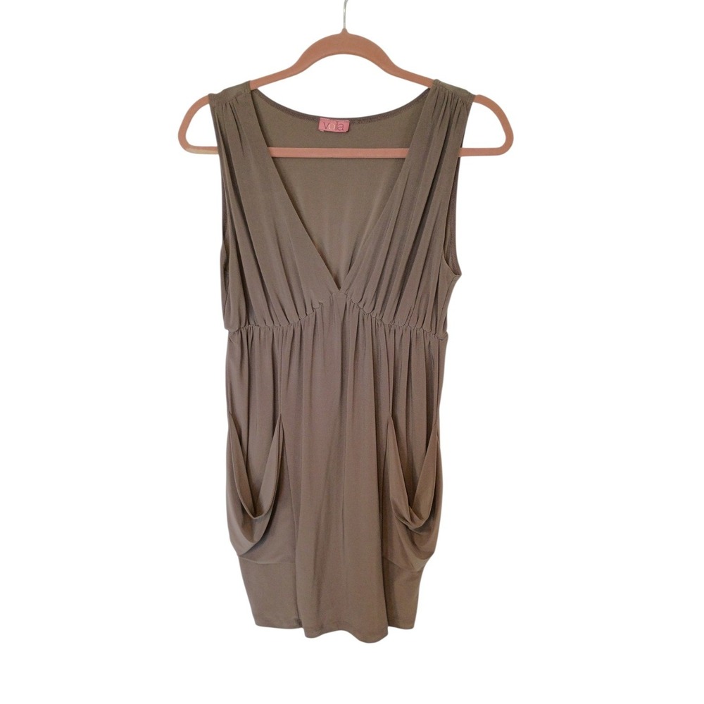 Vintage Women Brown Sleeveless V-Neck Empire Waist Pleated Tunic Top Pockets D